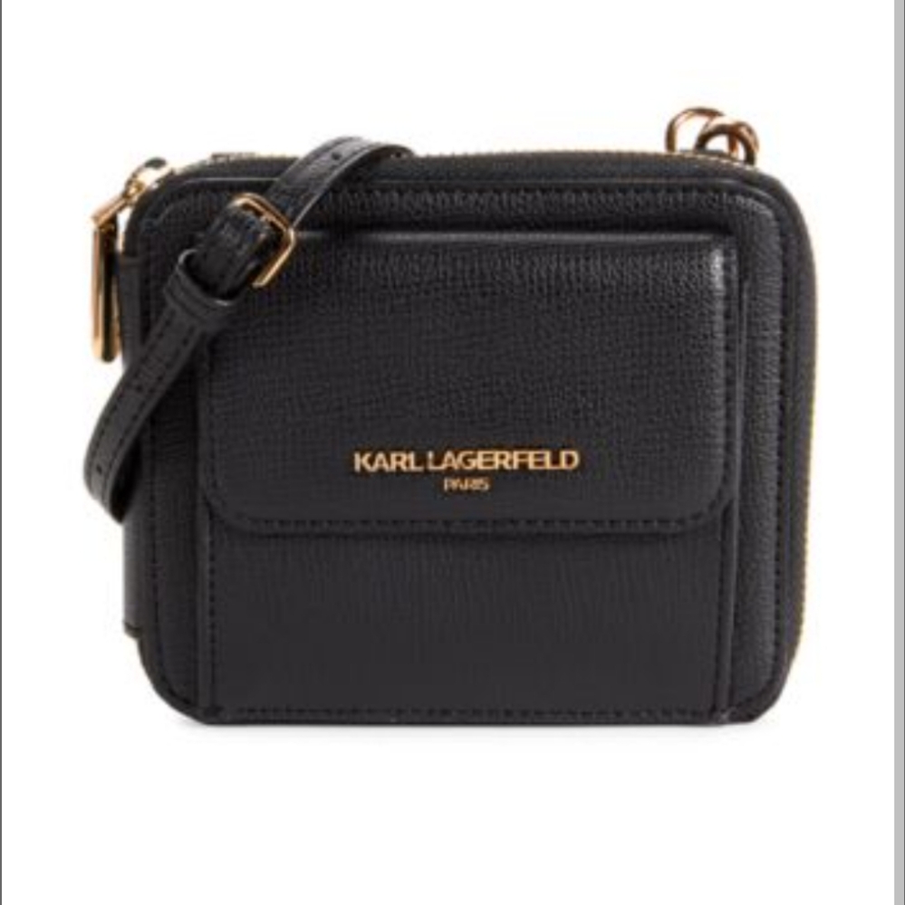 Karl Lagerfeld Paris PinMount Logo Faux Leather Zip Around Wallet Crossbody Nwt